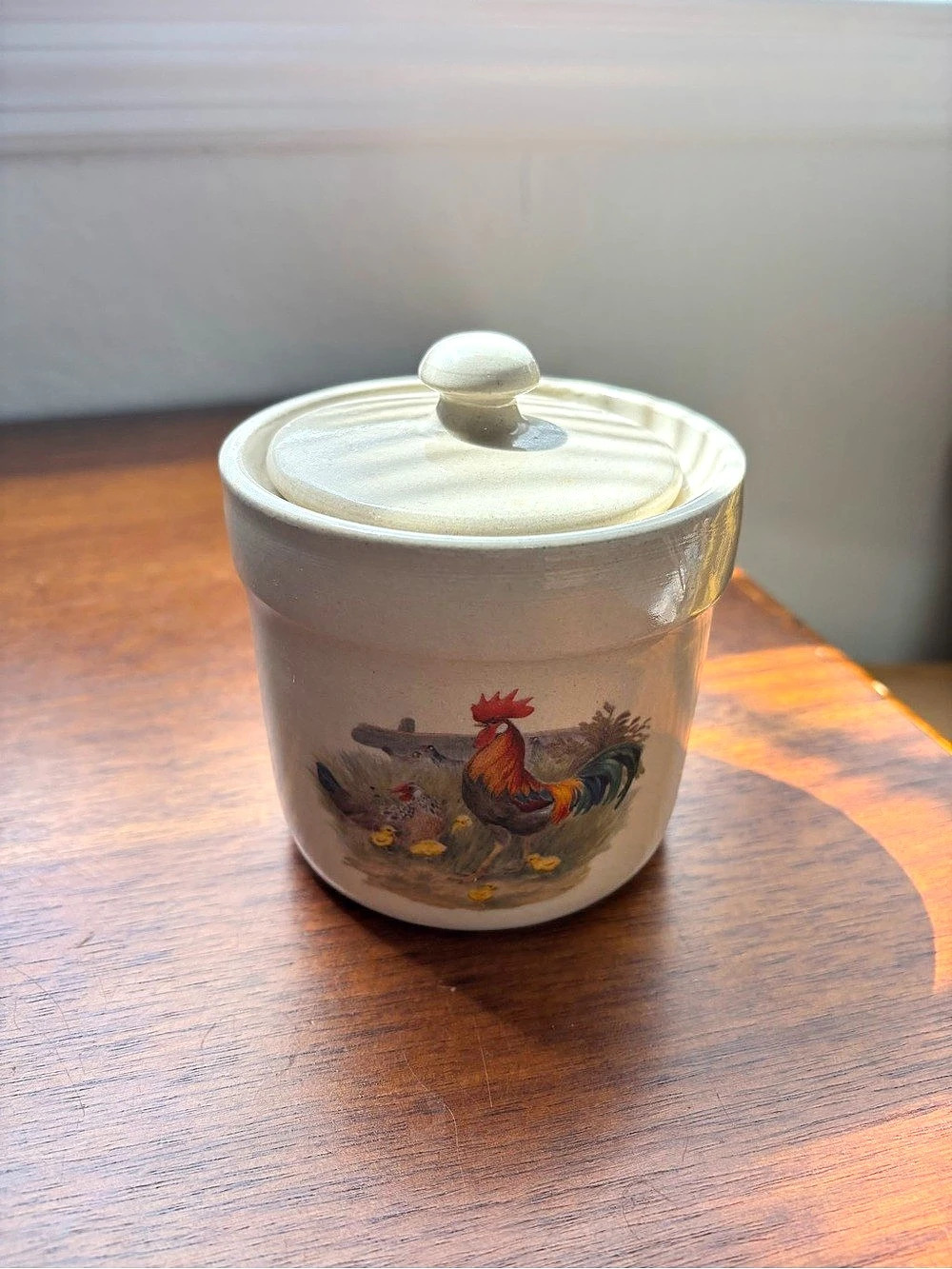 Brush-McCoy Rooster Lidded Small Ceramic Crock in White & Brown